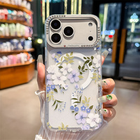 Funda magnética de moda con purpurina floral para iPhone 17 16 15 Pro Max, transparente con marco metálico de diamante para la cámara y cubierta trasera de jardín