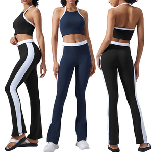 D25092+D25091 Ensemble de fitness pour femme, <span class=keywords><strong>dos</strong></span> nu, col halter, couleur contrastante, taille haute - Product Image 3
