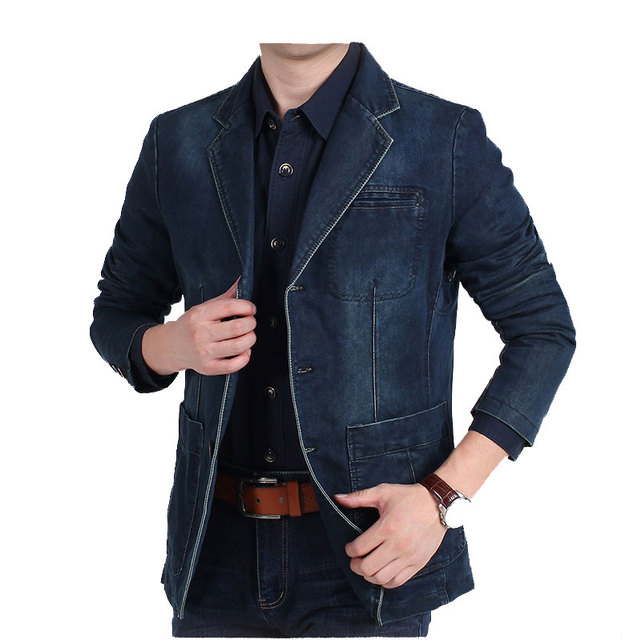 S-4xlnew Men]s Denim Blazer Men Fashion Cotton Vintage Suit Coat Male Blue Denim Jacket Men Slim Fit Jeans Blazers Outwear