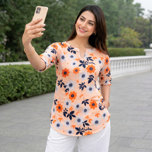 Ensemble Kurta pour femmes à imprimé floral pêche avec palazzo blanc, manches 3/4, coupe ample, tenue indienne décontractée - Product Image 1