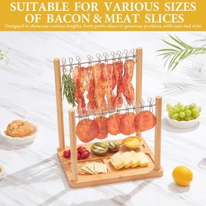 Estante de exhibición de bambú con bandeja para servir tendedero, plato para servir tocino de madera y perchas dobles adicionales, soporte para alimentos de bambú natural - Product Image 4