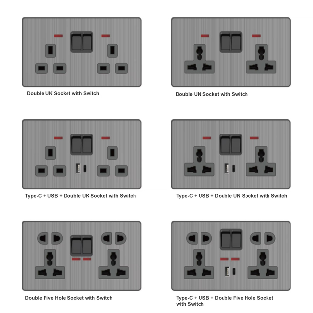 Modern Industrial Hotel Hospital Interior Use 2-Gang Universal Compatible Stainless Steel 13A 2 Ports Double Pin Power Sockets