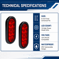 Kit de feux arrière LED ovales rouges de 6 pouces avec œillet pour camions semi-remorques Freightliner Kenworth Peterbilt Volvo 12V 24V
