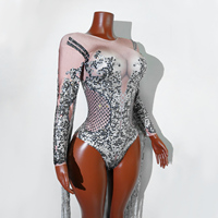 Glitzernder Silberner Strass-Fransen-Bodysuit für Schönheitswettbewerbe, Geburtstagsfeiern, Prominente, Sänger, Drag Queens, Divas, Bühnenkostüm, Leotard