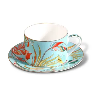 Juego de vajilla de tarde Rosa y verde Estilo Hawaiano 2023 taza de café y platillo de porcelana de hueso