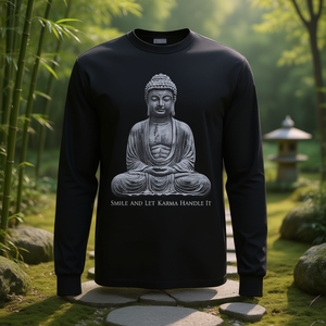 Camiseta de manga larga con estampado de estatua de Buda Sonríe y deje que el karma se encargue de todo Medita - Product Image 3