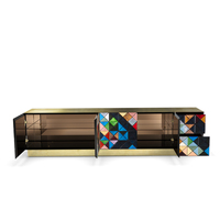 Meuble TV avant-gardiste en aluminium anodisé noir et finition or, avec étagère en verre bronze, pour salon