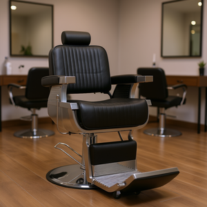 Sillón de Barbería de Cuero Sintético Negro, Altura Ajustable Hidráulica, Muebles de Salón, Diseño Industrial, Base Redonda - Product Image 2