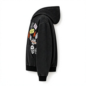 Sudadera con capucha extragrande para hombre, con cremallera, estampado patchwork negro, estilo urbano, logo frontal, para otoño, corte regular, algodón French Terry - Product Image 3