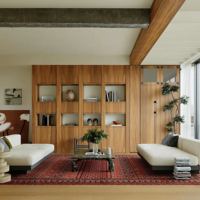 Design d'intérieur Wabi Sabi pour salon avec ameublement doux, conception résidentielle personnalisée pour maison de vacances et villa