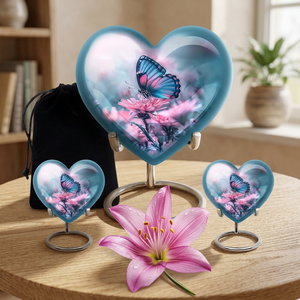 Papillon assis à la conception de fleurs Urne en céramique en laiton en bois de 10 pouces et urne souvenir Combo pour cendres d'adultes et d'animaux de compagnie pour une utilisation funéraire - Product Image 2