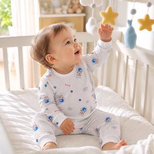 Pigiama da neonato a maniche lunghe con scollo rotondo e bottoni sulle spalle, pantaloni in maglia a costine con stampa celeste, abbigliamento da casa per bambini - Product Image 2
