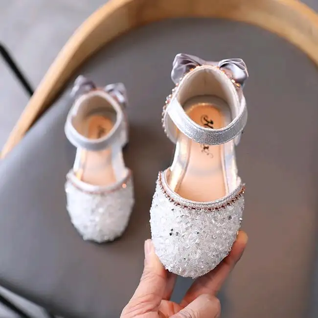 2 Year Party School Wedding Shoes Slip On Sliver Bow Girls Kids Fashion Shoes
