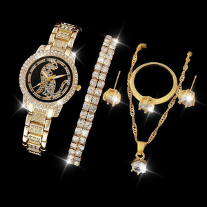Conjunto <span class=keywords><strong>de</strong></span> Joyería para Mujer con Reloj, Brazalete, Anillo, Aretes y Collar con Diseño <span class=keywords><strong>de</strong></span> Leopardo, Incrustaciones <span class=keywords><strong>de</strong></span> Diamantes <span class=keywords><strong>de</strong></span> Imitación y Aleación, <span class=keywords><strong>Regalo</strong></span> para Uso Diario - Product Image 1