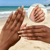 24 faux ongles 3D en ABS gaufré, forme amande moyenne, nude avec paillettes et feuille d'or, réutilisables, pour femmes