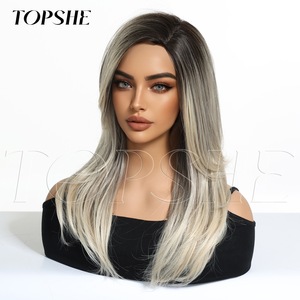 Perruque <span class=keywords><strong>mi</strong></span>-longue à franges françaises, effet dégradé et taches, style européen et américain, très vendue à l'international, naturelle et réaliste - Product Image 3