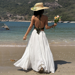 Summer Women Solid Color Midi Skirt Elastic Waist Drawstring Tassel Detail Breathable Casual Vacation Skirt - Product Image 6