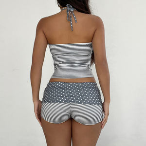 Conjunto Casual de Una Pieza para Mujer, Top sin Mangas con Cuello Halter y Cordones, Diseño de Puntos y Rayas en Contraste, con Shorts Ajustados de Cintura Alta - Product Image 2