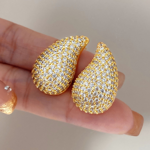 Boucles d'oreilles pendantes en laiton plaqué or, entièrement pavées de zircone cubique, grandes gouttes d'eau, bijoux fantaisie pour femme, vente en gros - Product Image 4