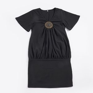 Vestido Corto Negro con Cuello en V para Mujer, Estilo Vintage con Detalle de Anillo Metálico, Fruncido, Manga Corta, Elegante, Casual, para Fiesta - Product Image 6