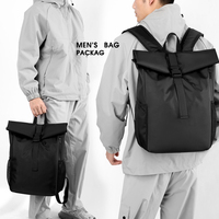 Men Tactical Roll Top Waterproof Anti-Theft PU Leather Backpack Breathable Padded Shoulder Laptop Daypack Travel Polyester