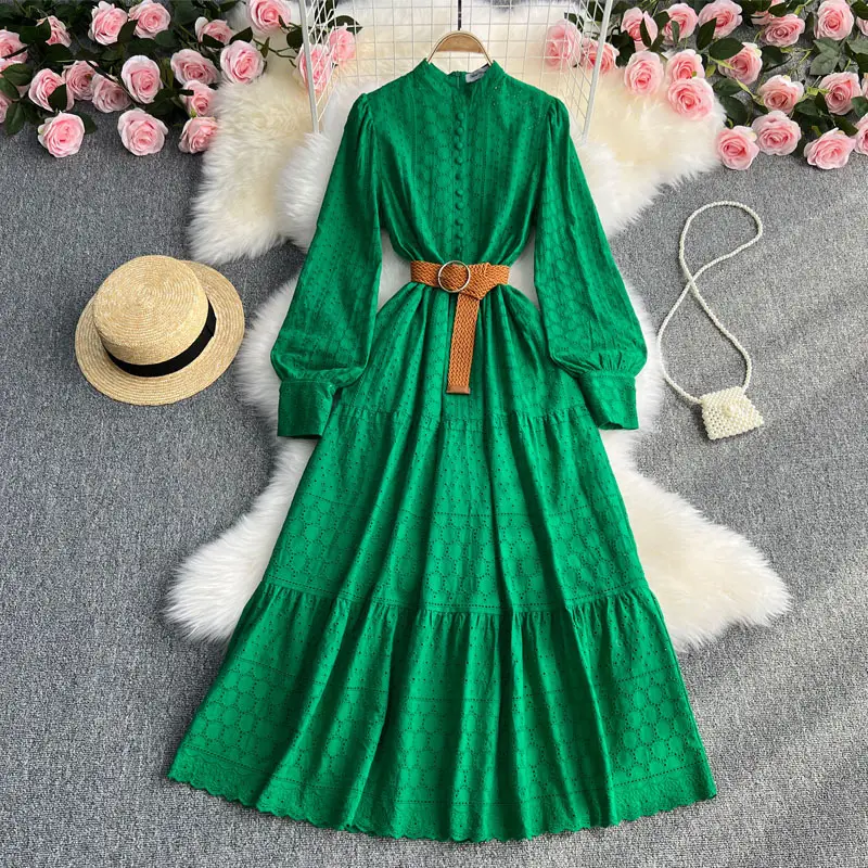 2023 Spring Embroidery Long Dress Women White Black Green Hollow Out Single Breasted Long Sleeve Ladies Party Dress