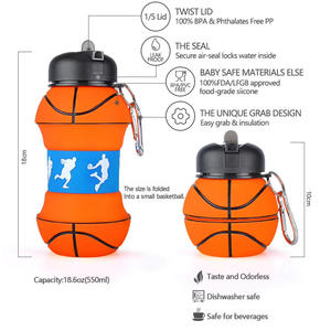 Bouteille d'eau portable en silicone anti-fuite de 550 ml pour les sports de plein air, les enfants, pliable, football/basketball, peut être accrochée à un sac à dos - Product Image 5