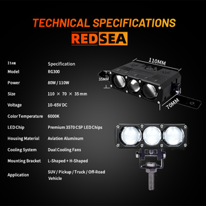 REDSEA RG300 110W Phares auxiliaires LED à large plage de tension pour calandre avant, faisceau haut et bas, IP68, <span class=keywords><strong>ventilateur</strong></span> en aluminium pour Ford Ranger - Product Image 3