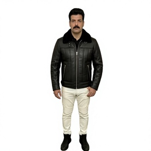 Black Leather Jacket With Black Fur Collar Winter Shearling B3 <b>Coat</b> Genuine Sheepskin Warm Fleece <b>Lined</b> Biker Jacket - Product Image 3