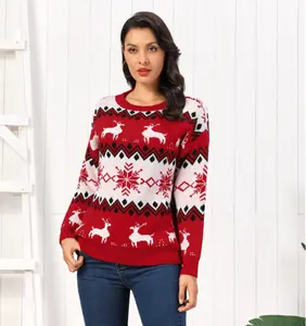 सर्दियों पूर्ण आकार अनुकूलित बदसूरत स्वेटर स्वेटर महिलाओं क्रू गर्दन लाल ग्रीन हिरण हिमपात का एक खंड Jacquard बुना हुआ क्रिसमस स्वेटर