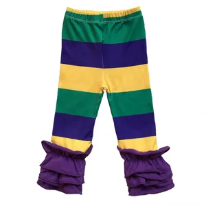 New Orleans Mardi Gras Clothes Green Purple Gold Stripe Plaid Fat Tuesday Baby Girls Triple Icing Ruffle Leggings Pants