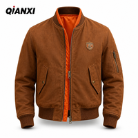 Blouson aviateur vintage marron pour homme, broderie avion, doublure orange, col baseball, style décontracté, vente en gros