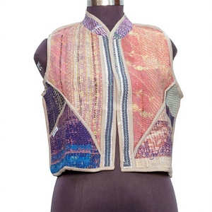 Handmade Cotton Patchwork Vest With Mandarin Collar And Contrast Color Design Spring Women's Outerwear - Product Image 1