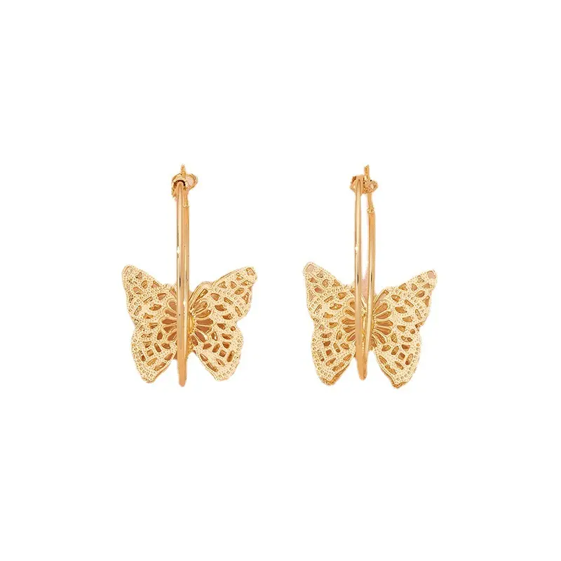 French Vintage Sweet Hollow Butterfly Hoop Earrings Women Gold Luxury Design Big Gold Earrings Manufacturer