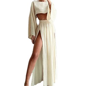 Ensemble deux pièces élégant en lin mélangé sur mesure pour femme, idéal pour les loisirs et les vacances, avec haut taille haute et design unique à fente - Product Image 5