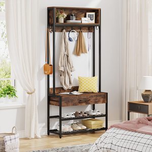 Suoernuo Arredamento Moderno per la Casa, Appendiabiti in Legno e Metallo, <span class=keywords><strong>Scarpiera</strong></span> a 3 Livelli, Scaffale Portaoggetti 4-in-1 <span class=keywords><strong>con</strong></span> 9 Ganci - Product Image 1
