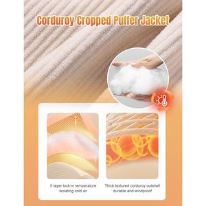 Veste matelassée courte en velours côtelé pour femme, chaude pour l'hiver, à manches longues, avec fermeture éclair - Product Image 4