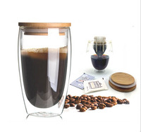 Stocké 450Ml En Gros Stocké Double Paroi Verre Tasses À Café Tasse En Verre Avec Couvercle En Bambou Et Paille Café Thé Service