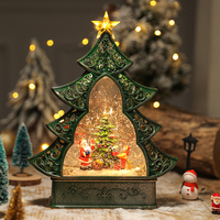 Linterna musical LED con forma de árbol de Navidad, diseño plano hueco, con escena de castillo y purpurina giratoria, adorno de mesa