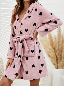 <b>Women's</b> Hooded Flannel Soft Winter Robe Heart Printed Nightgown Kimono Leisure Warm Loose Sleepwear 1 Piece Pajama Set Robe - Product Image 5