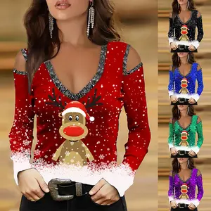 Christmas womens blouse shirt elk print sexy strapless tops long sleeves V-neck clothes T-shirt women blouse