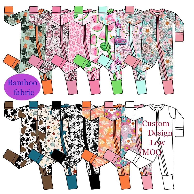 Hot Selling Baby Nachtkleding Custom Print 95% Bamboe 5% Viscose Stof Een Stuk Gevouwen Baby Bamboe Pyjama