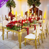 Table de mariage en acier inoxydable doré avec plateau en verre miroir noir, ensemble de 12 chaises pour mariage
