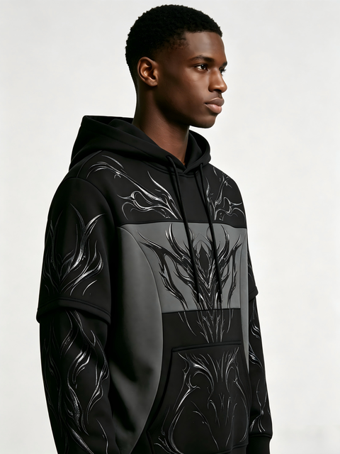 Heavyweight Kornit DTG Printed Distressed Black Oversized Hoodie Streetwear Casual Sweatshirt for Men