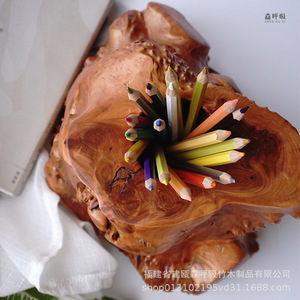 Shen Hu Xi Wooden Pen Holder Solid Wood Root Carving Round Shape Office Desk Decoration Small Size Large Size Business Gift - Product Image 1