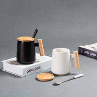 Tasses en céramique avec poignée en bois de style nordique, grande capacité, avec couvercle et cuillère, pour le thé, la maison, le bureau, Taza Cafe