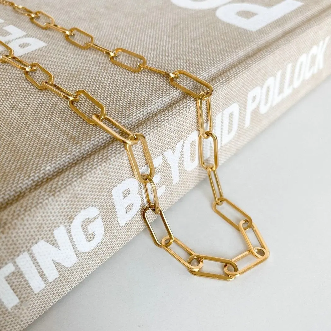 Punk Hip Hop Gold Paperclip Link Chain Tarnish Resistant Jewelry 18K Gold IP Plating Stainless Steel Chokers