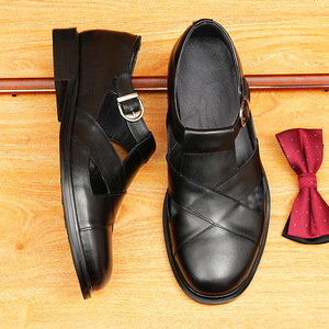 Summer breathable casual sandals, trendy genuine leather with perforations, men's bag-style buckle, English style men's <b>shoes</b> - Product Image 3