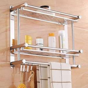 Porte-serviettes mural moderne en acier inoxydable, étanche, long et droit, pour salle de bain, avec rangement intégré, type sur pied non pliable - Product Image 3