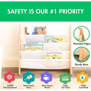 Étagère à 4 niveaux pour enfants Étagère à <span class=keywords><strong>livres</strong></span> en bois naturel blanc de qualité supérieure pour chambres d'enfants avec quatre poches profondes Porte-<span class=keywords><strong>livres</strong></span> pour tout-petits - Product Image 5